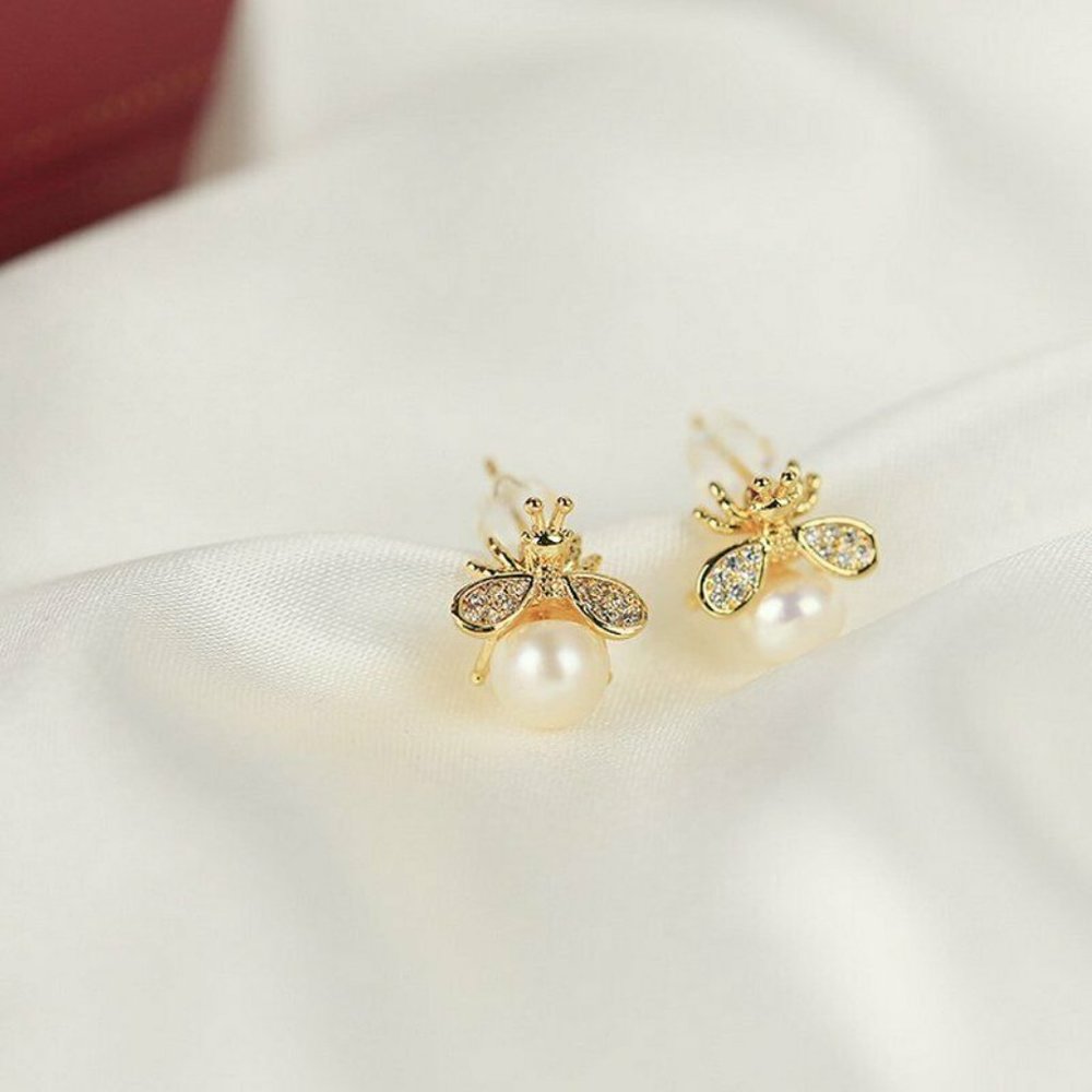 Sterling Silver Dainty Gold Bee Pearl Earrings - Picture 5 of 6